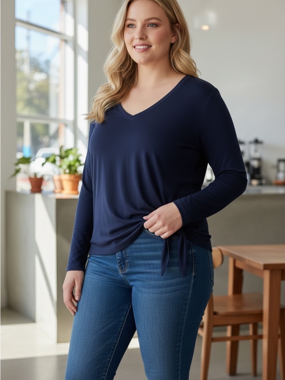 Angels XL Women’s navy blue scoop necklace long sleeve tie hem stretch top